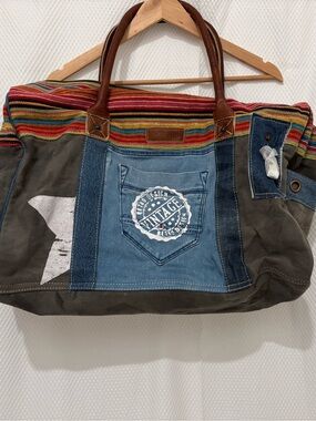 Vintage-Inspired Patchwork Duffel Bag with Leather Handles - Brown/Blue